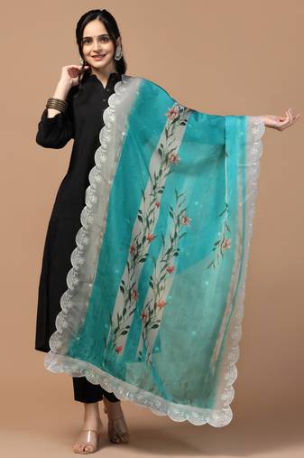 Digital Floral Motif Print Orgenza Silk Embroadery Sequnce Work Traditional Dupatta Wear on Kurti For Women and Girls
