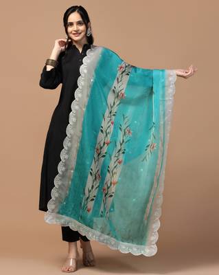 Digital Floral Motif Print Orgenza Silk Embroadery Sequnce Work Traditional Dupatta Wear on Kurti For Women and Girls 1