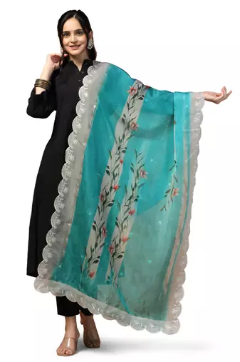 Digital Floral Motif Print Orgenza Silk Embroadery Sequnce Work Traditional Dupatta Wear on Kurti For Women and Girls