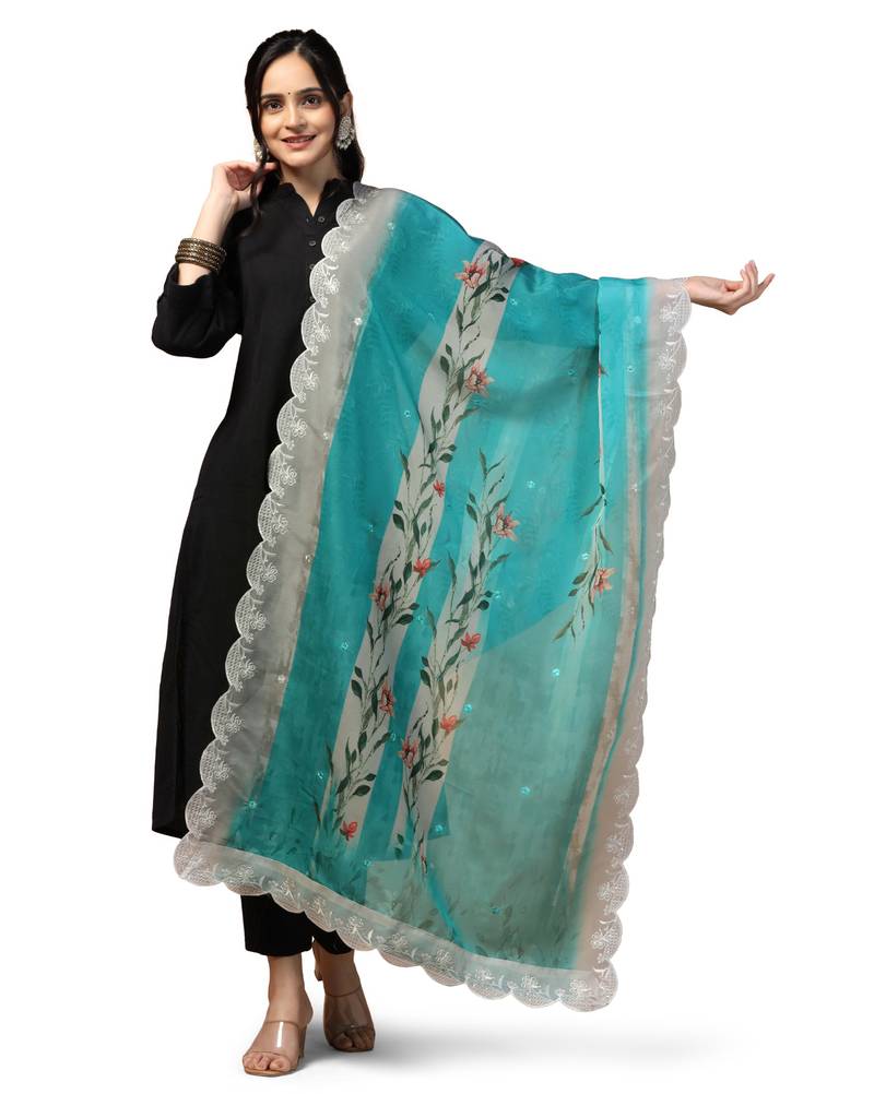 Digital Floral Motif Print Orgenza Silk Embroadery Sequnce Work Traditional Dupatta Wear on Kurti For Women and Girls