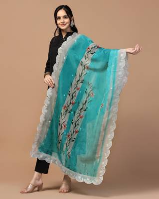 Digital Floral Motif Print Orgenza Silk Embroadery Sequnce Work Traditional Dupatta Wear on Kurti For Women and Girls 3
