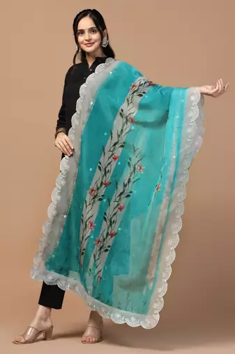 Digital Floral Motif Print Orgenza Silk Embroadery Sequnce Work Traditional Dupatta Wear on Kurti For Women and Girls