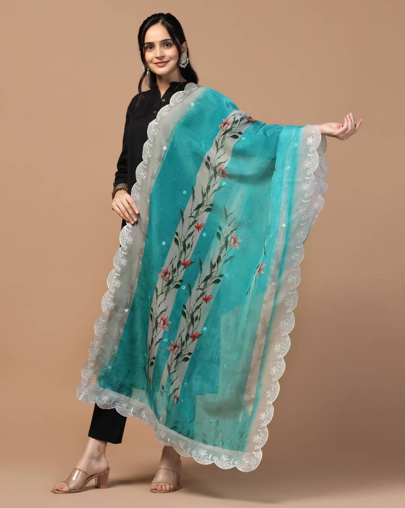 Digital Floral Motif Print Orgenza Silk Embroadery Sequnce Work Traditional Dupatta Wear on Kurti For Women and Girls