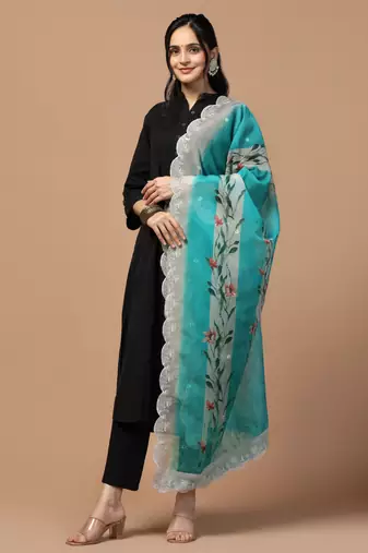 Digital Floral Motif Print Orgenza Silk Embroadery Sequnce Work Traditional Dupatta Wear on Kurti For Women and Girls