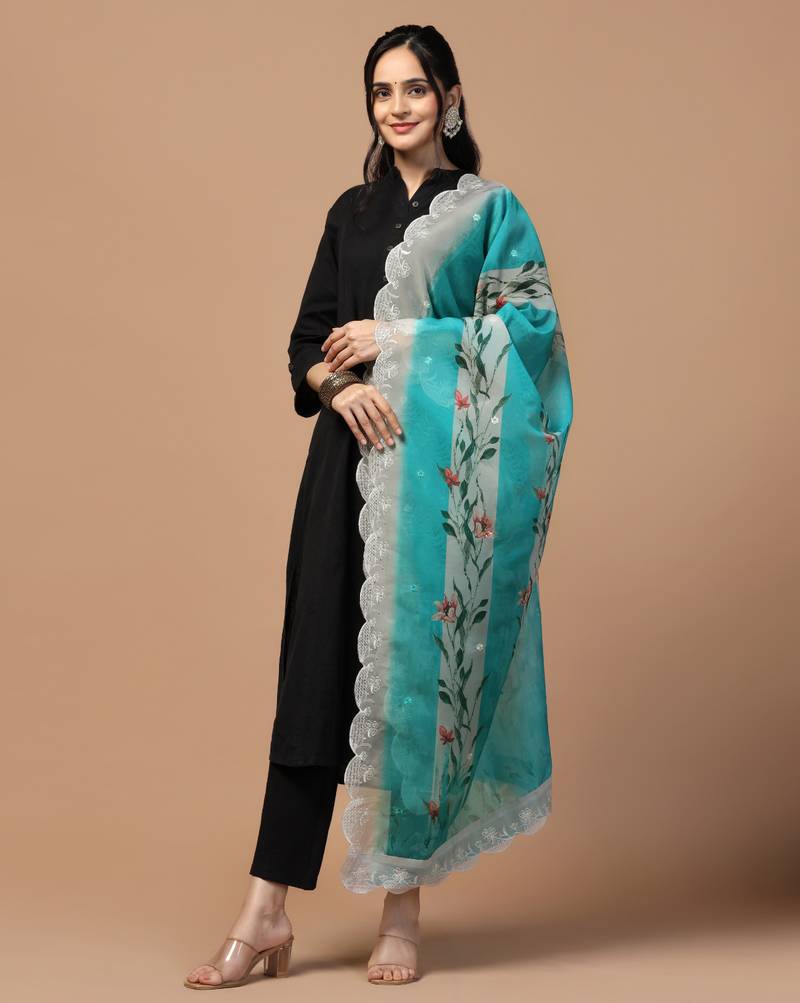 Digital Floral Motif Print Orgenza Silk Embroadery Sequnce Work Traditional Dupatta Wear on Kurti For Women and Girls