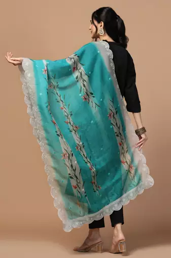 Digital Floral Motif Print Orgenza Silk Embroadery Sequnce Work Traditional Dupatta Wear on Kurti For Women and Girls