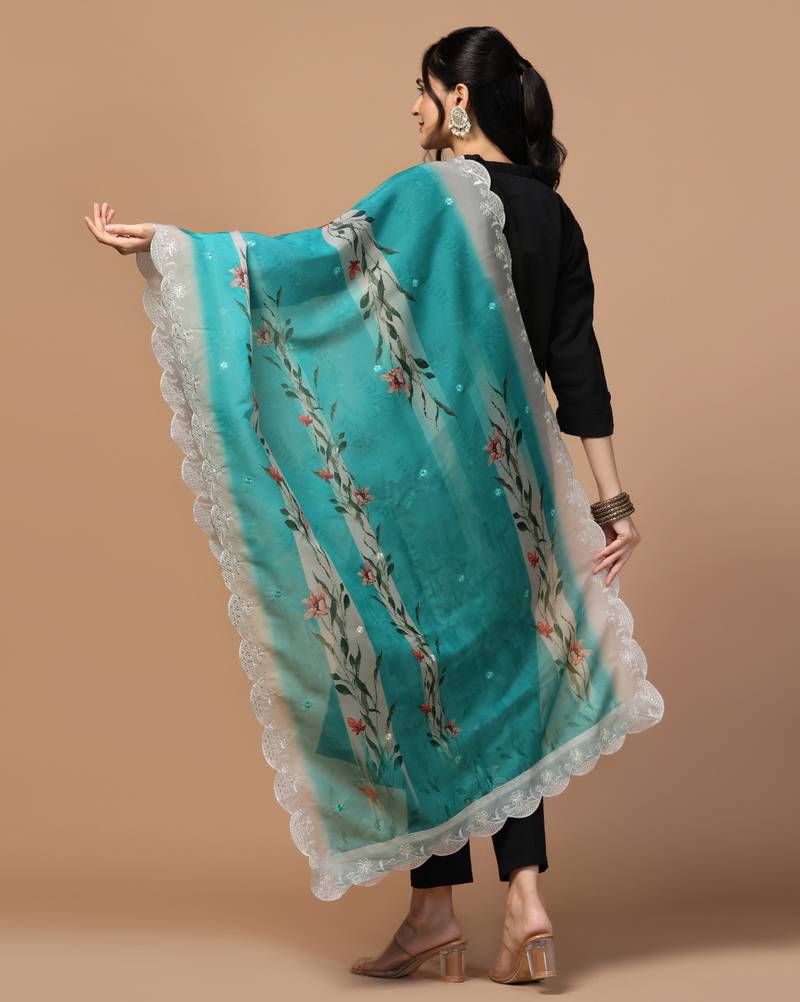 Digital Floral Motif Print Orgenza Silk Embroadery Sequnce Work Traditional Dupatta Wear on Kurti For Women and Girls