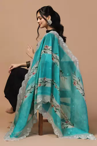 Digital Floral Motif Print Orgenza Silk Embroadery Sequnce Work Traditional Dupatta Wear on Kurti For Women and Girls