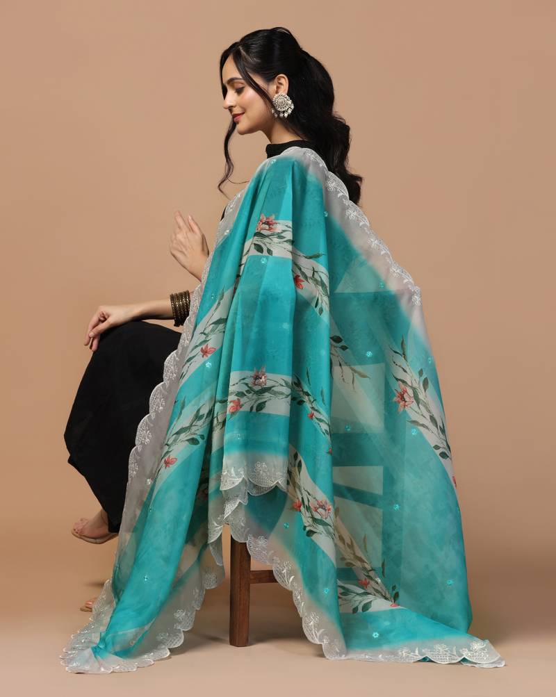 Digital Floral Motif Print Orgenza Silk Embroadery Sequnce Work Traditional Dupatta Wear on Kurti For Women and Girls