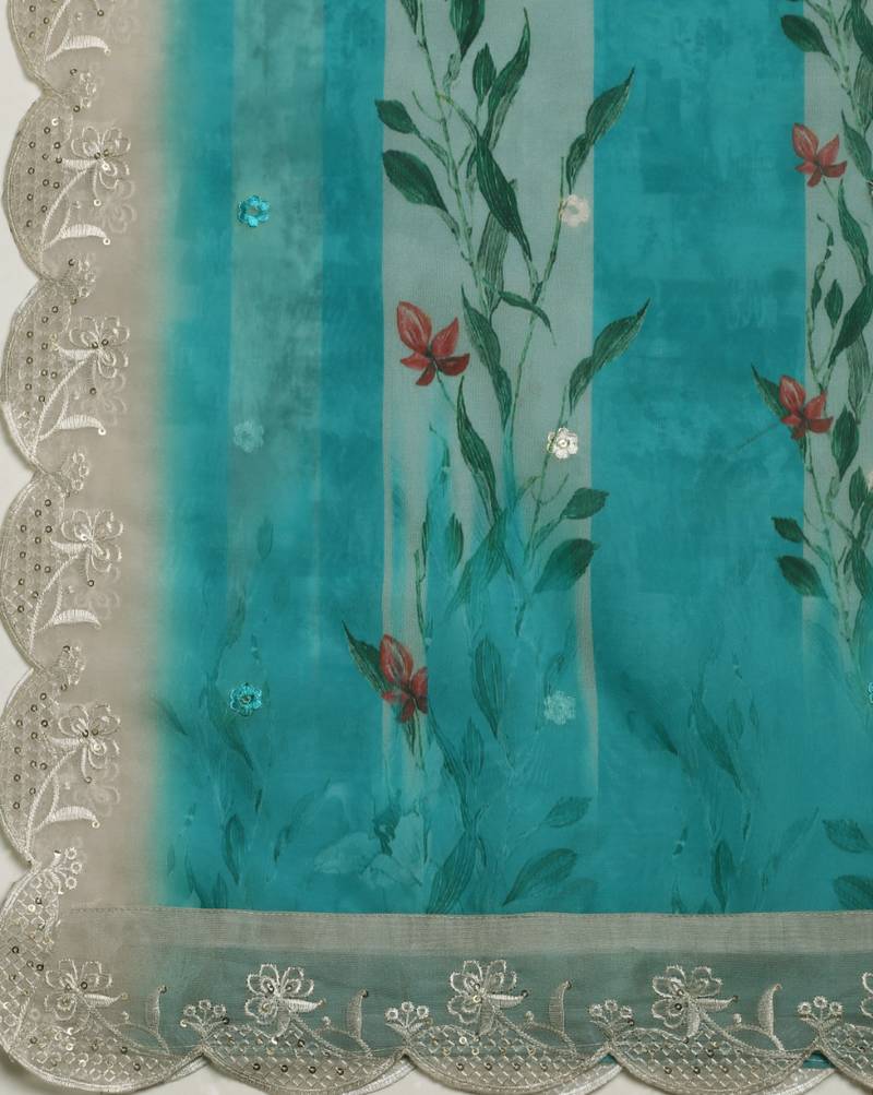 Digital Floral Motif Print Orgenza Silk Embroadery Sequnce Work Traditional Dupatta Wear on Kurti For Women and Girls