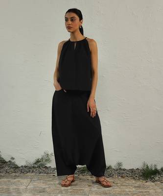 Black poplin black ultra gathered co-ord set 1