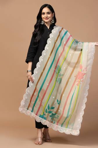 Digital Floral Motif Print Orgenza Silk Embroadery Sequnce Work Traditional Dupatta Wear on Kurti For Women and Girls
