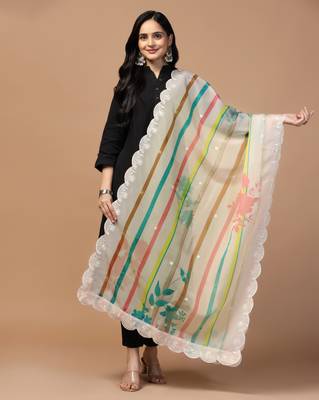 Digital Floral Motif Print Orgenza Silk Embroadery Sequnce Work Traditional Dupatta Wear on Kurti For Women and Girls 1