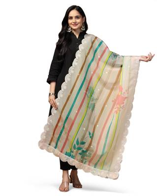 Digital Floral Motif Print Orgenza Silk Embroadery Sequnce Work Traditional Dupatta Wear on Kurti For Women and Girls 2
