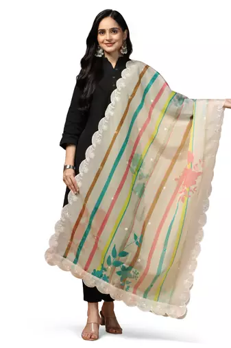 Digital Floral Motif Print Orgenza Silk Embroadery Sequnce Work Traditional Dupatta Wear on Kurti For Women and Girls