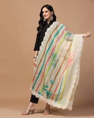 Digital Floral Motif Print Orgenza Silk Embroadery Sequnce Work Traditional Dupatta Wear on Kurti For Women and Girls 3