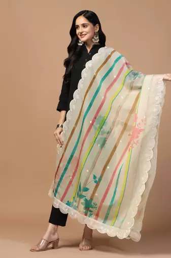 Digital Floral Motif Print Orgenza Silk Embroadery Sequnce Work Traditional Dupatta Wear on Kurti For Women and Girls