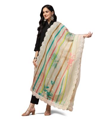 Digital Floral Motif Print Orgenza Silk Embroadery Sequnce Work Traditional Dupatta Wear on Kurti For Women and Girls 4