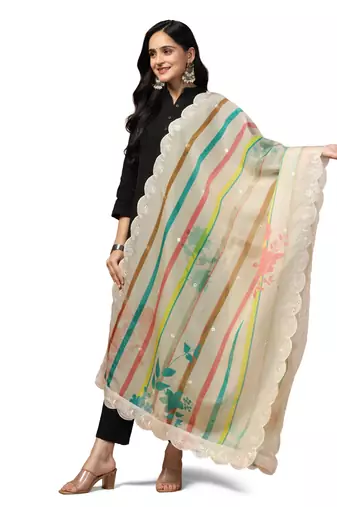 Digital Floral Motif Print Orgenza Silk Embroadery Sequnce Work Traditional Dupatta Wear on Kurti For Women and Girls