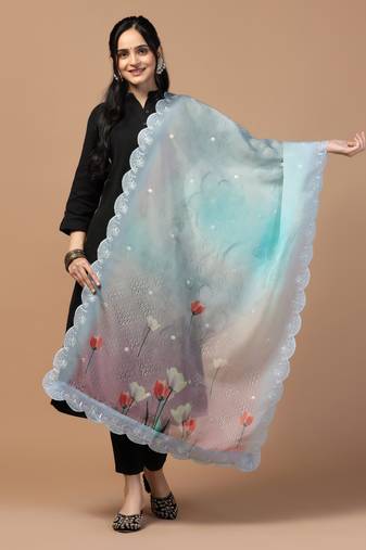 Digital Floral Motif Print Orgenza Silk Embroadery Sequnce Work Traditional Dupatta Wear on Kurti For Women and Girls