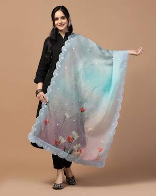 Digital Floral Motif Print Orgenza Silk Embroadery Sequnce Work Traditional Dupatta Wear on Kurti For Women and Girls 1