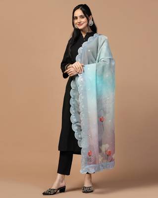 Digital Floral Motif Print Orgenza Silk Embroadery Sequnce Work Traditional Dupatta Wear on Kurti For Women and Girls 2