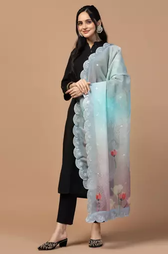 Digital Floral Motif Print Orgenza Silk Embroadery Sequnce Work Traditional Dupatta Wear on Kurti For Women and Girls