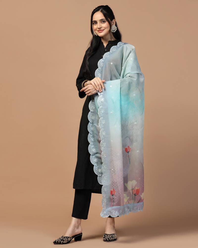 Digital Floral Motif Print Orgenza Silk Embroadery Sequnce Work Traditional Dupatta Wear on Kurti For Women and Girls