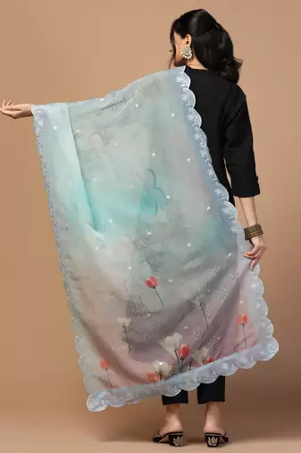 Digital Floral Motif Print Orgenza Silk Embroadery Sequnce Work Traditional Dupatta Wear on Kurti For Women and Girls