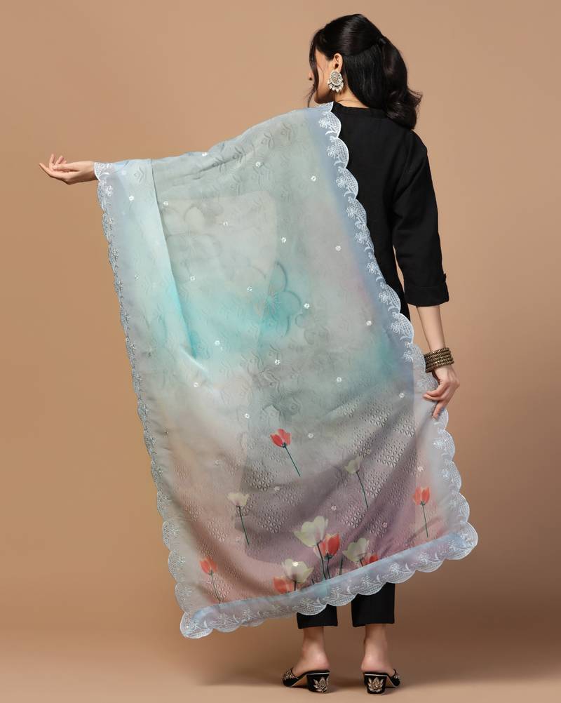 Digital Floral Motif Print Orgenza Silk Embroadery Sequnce Work Traditional Dupatta Wear on Kurti For Women and Girls