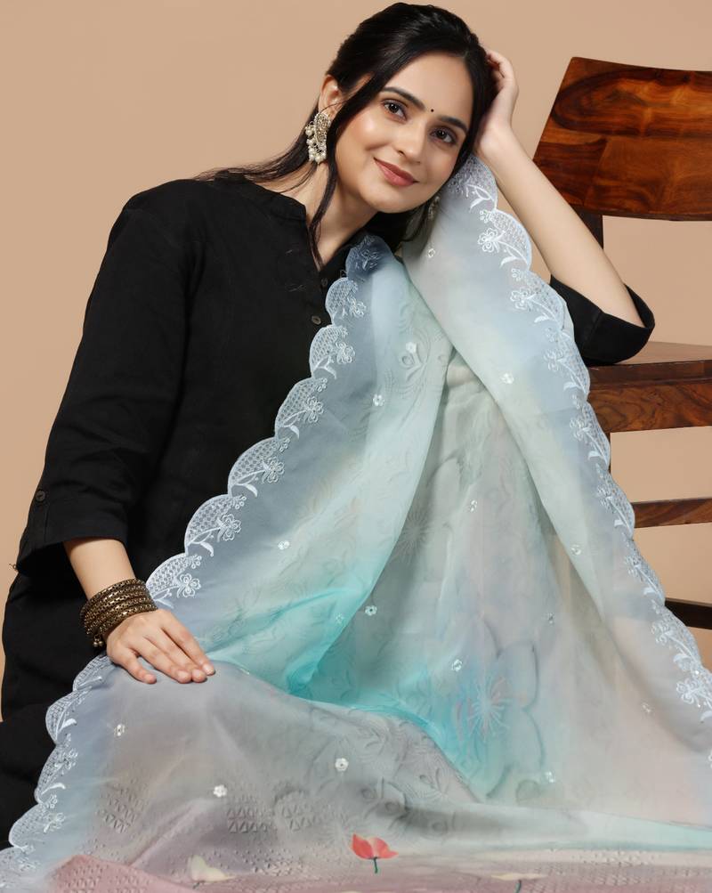 Digital Floral Motif Print Orgenza Silk Embroadery Sequnce Work Traditional Dupatta Wear on Kurti For Women and Girls