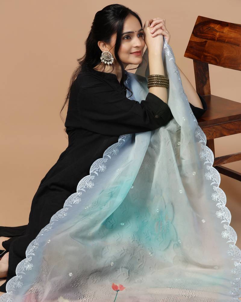 Digital Floral Motif Print Orgenza Silk Embroadery Sequnce Work Traditional Dupatta Wear on Kurti For Women and Girls