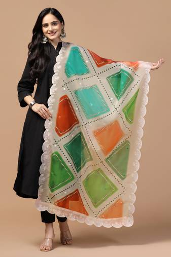 Digital Floral Motif Print Orgenza Silk Embroadery Sequnce Work Traditional Dupatta Wear on Kurti For Women and Girls