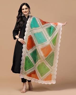 Digital Floral Motif Print Orgenza Silk Embroadery Sequnce Work Traditional Dupatta Wear on Kurti For Women and Girls 1