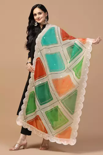 Digital Floral Motif Print Orgenza Silk Embroadery Sequnce Work Traditional Dupatta Wear on Kurti For Women and Girls