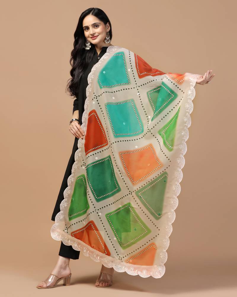 Digital Floral Motif Print Orgenza Silk Embroadery Sequnce Work Traditional Dupatta Wear on Kurti For Women and Girls