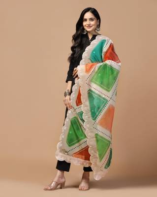 Digital Floral Motif Print Orgenza Silk Embroadery Sequnce Work Traditional Dupatta Wear on Kurti For Women and Girls 3