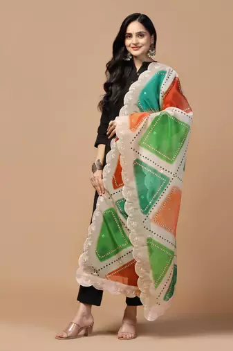Digital Floral Motif Print Orgenza Silk Embroadery Sequnce Work Traditional Dupatta Wear on Kurti For Women and Girls