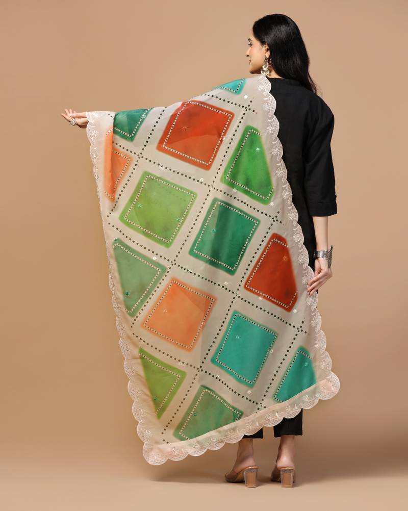 Digital Floral Motif Print Orgenza Silk Embroadery Sequnce Work Traditional Dupatta Wear on Kurti For Women and Girls