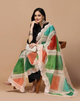 Digital Floral Motif Print Orgenza Silk Embroadery Sequnce Work Traditional Dupatta Wear on Kurti For Women and Girls 5