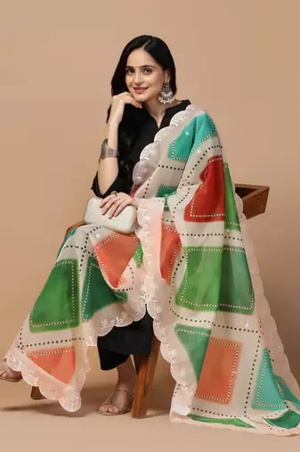 Digital Floral Motif Print Orgenza Silk Embroadery Sequnce Work Traditional Dupatta Wear on Kurti For Women and Girls