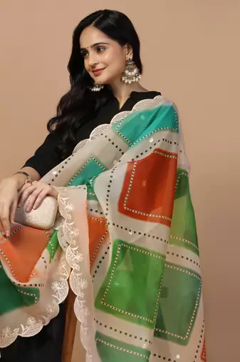 Digital Floral Motif Print Orgenza Silk Embroadery Sequnce Work Traditional Dupatta Wear on Kurti For Women and Girls