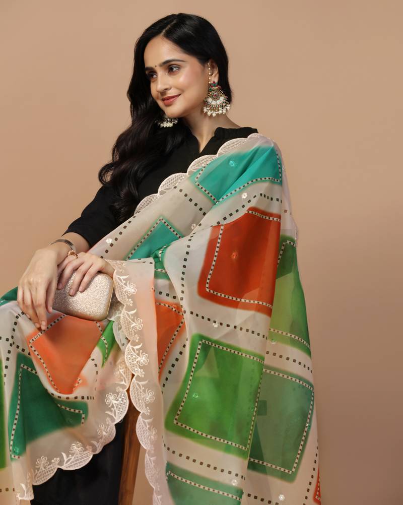 Digital Floral Motif Print Orgenza Silk Embroadery Sequnce Work Traditional Dupatta Wear on Kurti For Women and Girls