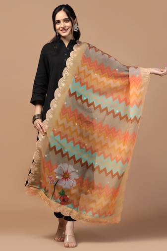 Digital Floral Motif Print Orgenza Silk Embroadery Sequnce Work Traditional Dupatta Wear on Kurti For Women and Girls