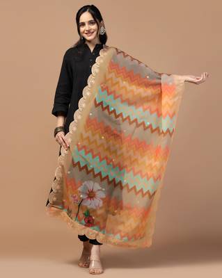 Digital Floral Motif Print Orgenza Silk Embroadery Sequnce Work Traditional Dupatta Wear on Kurti For Women and Girls 1