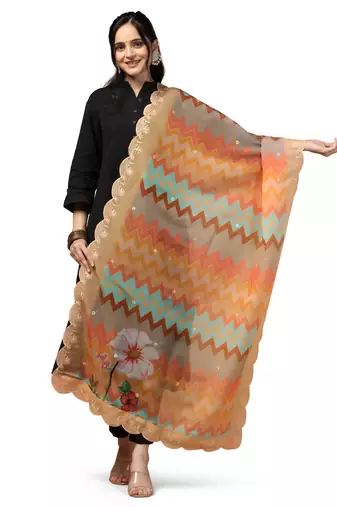 Digital Floral Motif Print Orgenza Silk Embroadery Sequnce Work Traditional Dupatta Wear on Kurti For Women and Girls