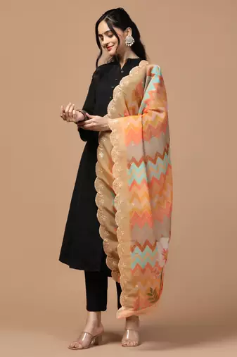 Digital Floral Motif Print Orgenza Silk Embroadery Sequnce Work Traditional Dupatta Wear on Kurti For Women and Girls