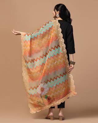Digital Floral Motif Print Orgenza Silk Embroadery Sequnce Work Traditional Dupatta Wear on Kurti For Women and Girls 4