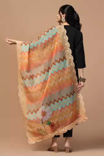 Digital Floral Motif Print Orgenza Silk Embroadery Sequnce Work Traditional Dupatta Wear on Kurti For Women and Girls