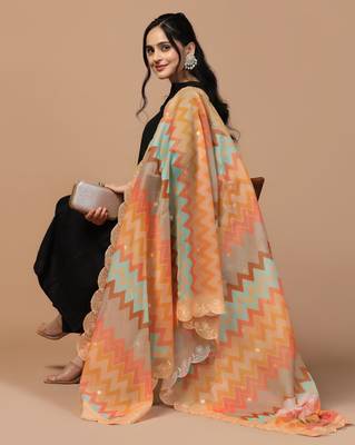 Digital Floral Motif Print Orgenza Silk Embroadery Sequnce Work Traditional Dupatta Wear on Kurti For Women and Girls 6